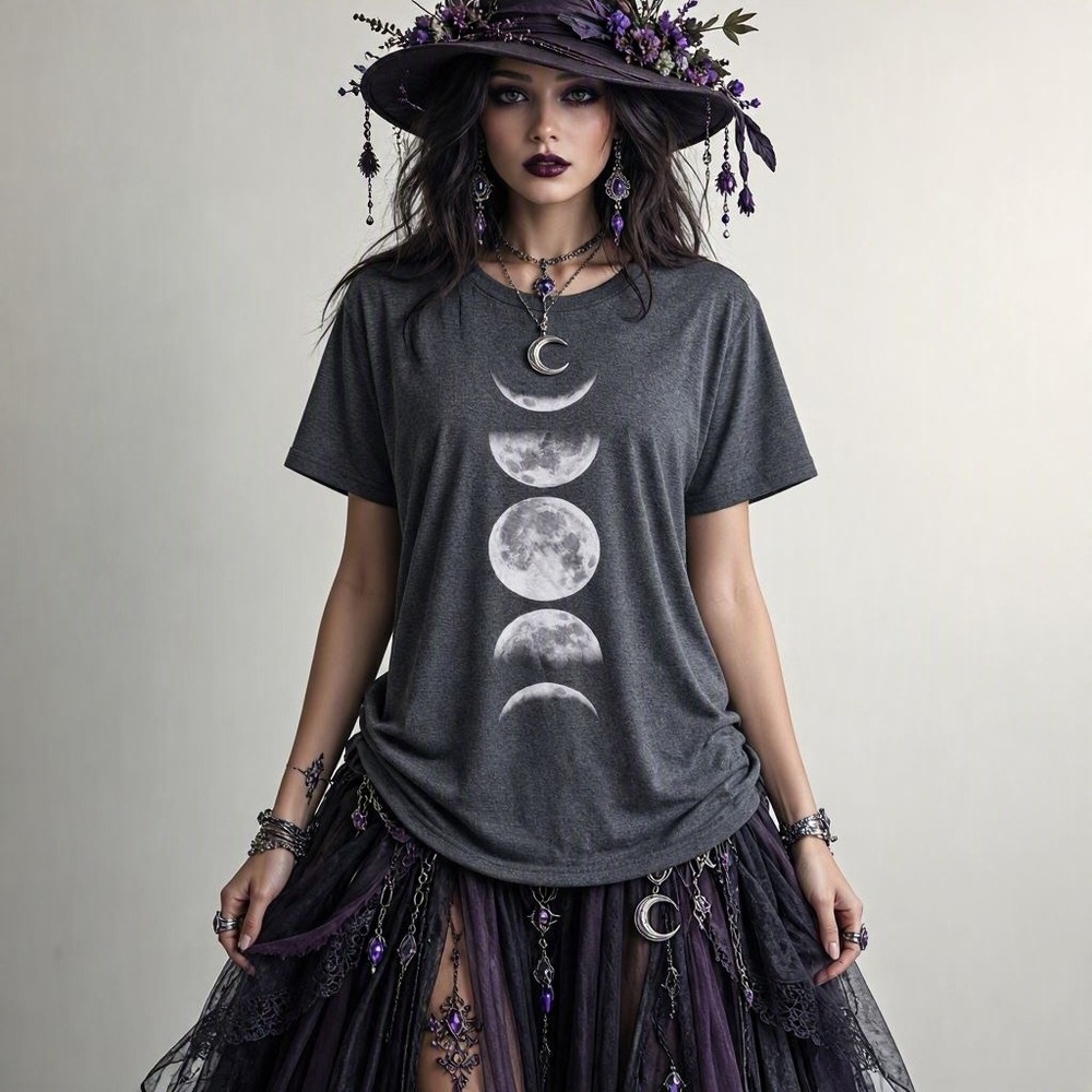 Whimsigoth Boho Bohemian Grunge Minimalist Celestial Witchy Moon Phase Tee L